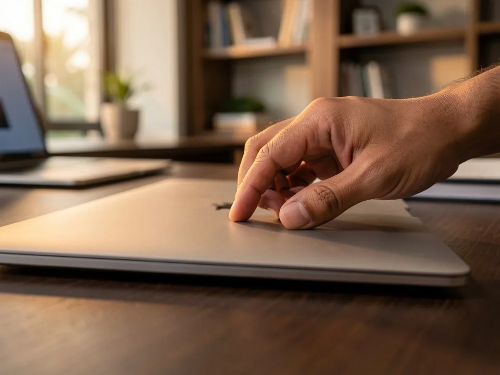 Laptop keyboard in warm study lighting