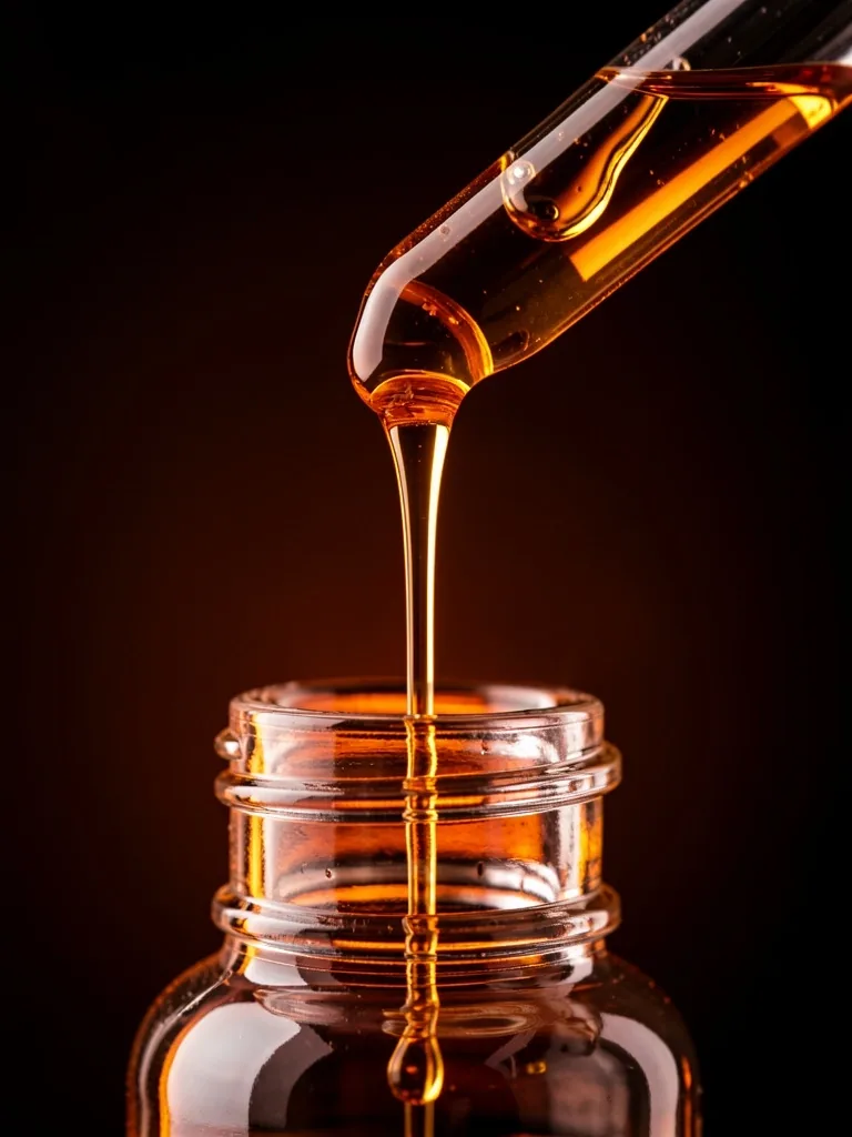 Macro view of amber supplement liquid