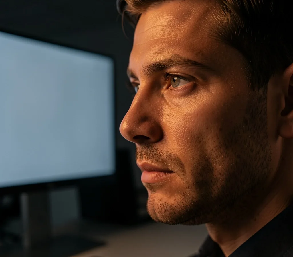 Man focused at a dark minimalist workspace