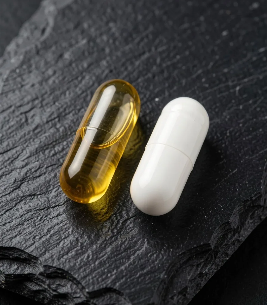 Two supplement capsules on a dark surface