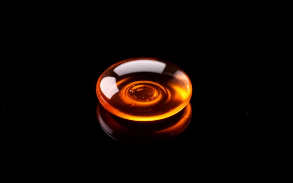 Natural supplement droplets on a dark surface