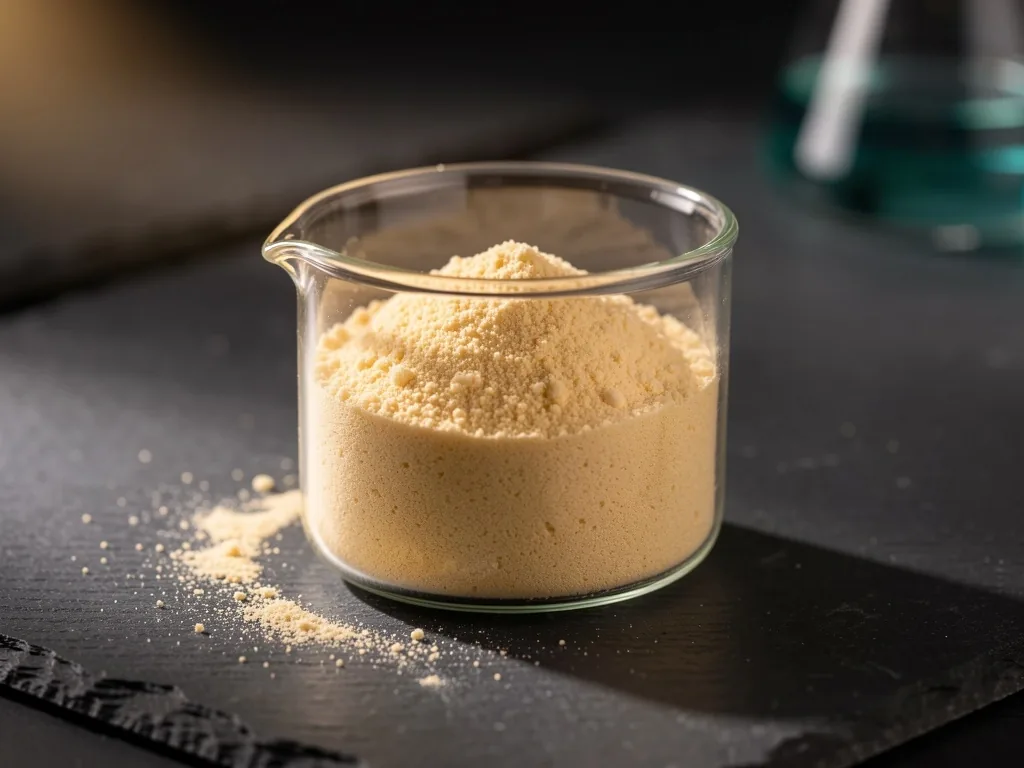 Golden supplement powder in laboratory beaker