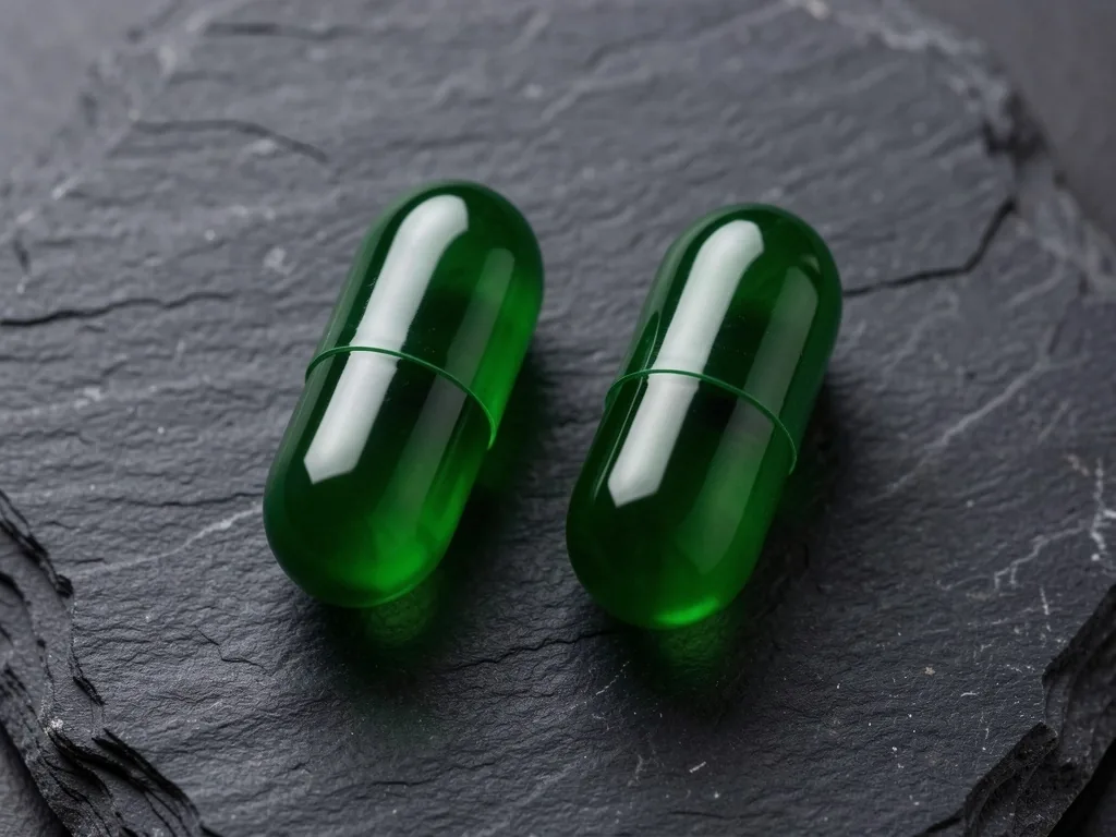 Two green capsules on dark surface