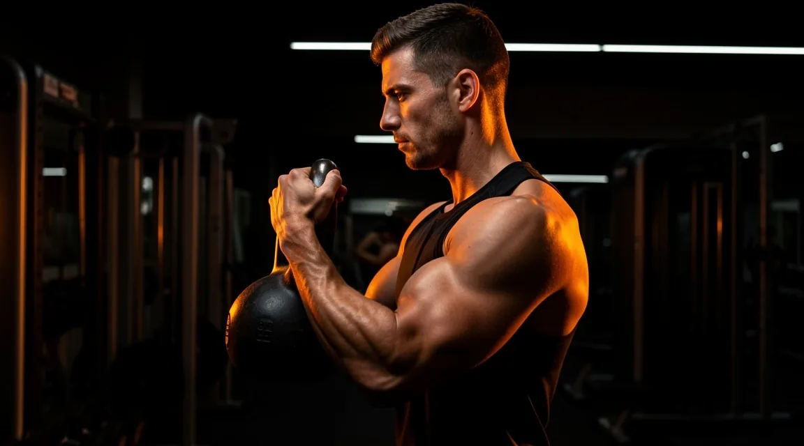 Man exercising with kettlebell in dark gym