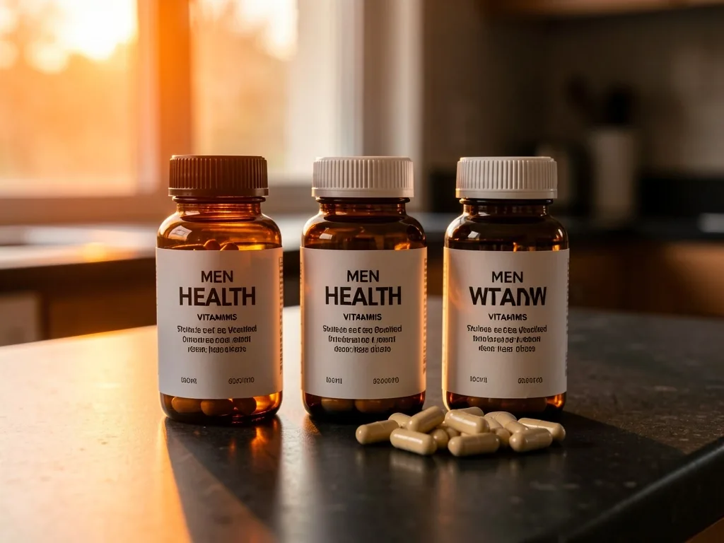 Natural supplement bottles on kitchen counter